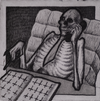 A skeletal figure reading a newspaper, the etching motif used throughout Accepting the Universe
